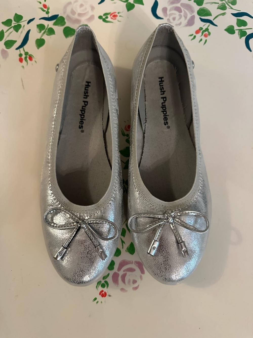 Hush Puppies Girls Silver Metallic Bow Ballet Flats